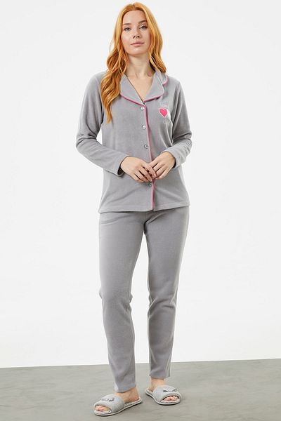 Sementa Shirt Collar Buttoned Fleece Pajama Set - Gray