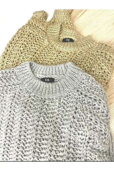 Mercanbutik Silvery Knitted Textured Crew Neck Sweater