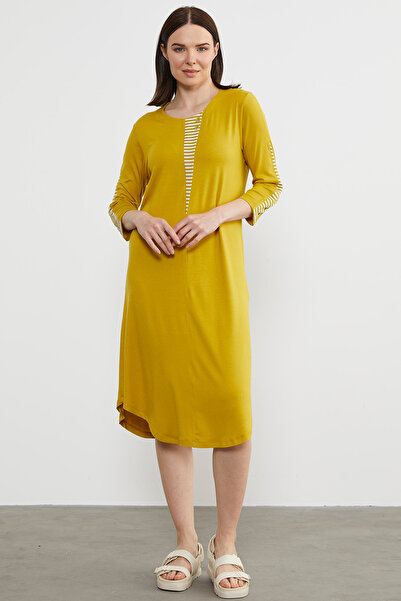 Sementa Stripe Detailed Flowing Combed Cotton Dress - Mustard