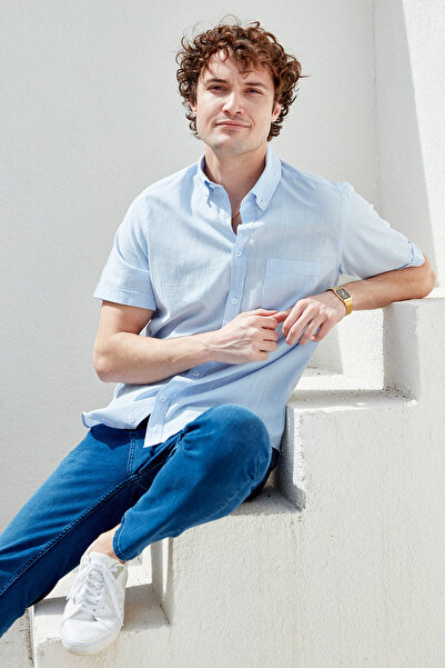 Sam Καλοκαιρινό πουκάμισο με κοντομάνικη τσέπη - γαλάζιο