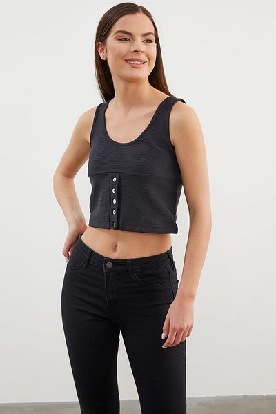Sementa Ribbed Crop T-Shirt with Strappy Button Detail - Black