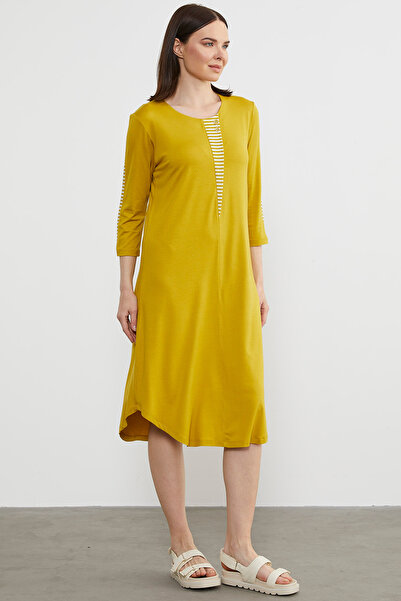 Sementa Stripe Detailed Flowing Combed Cotton Dress - Mustard