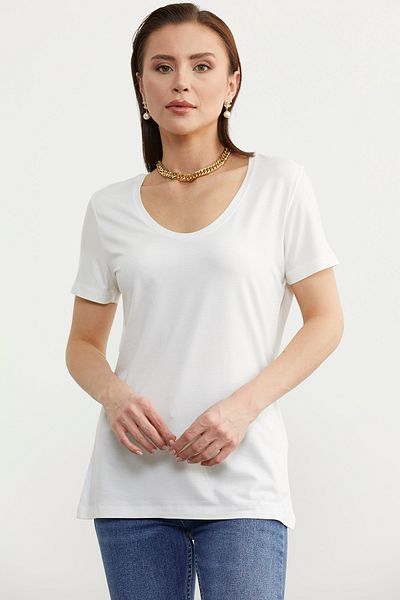 Sementa Ecru Combed Cotton T-Shirt - Open Collar and Flowy Design