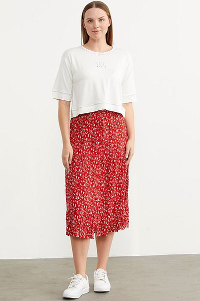 Sementa Elastic Front Buttoned Patterned Skirt - Red