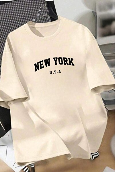 stg spor toptan giyim Γυναικείο μπλουζάκι μπεζ oversized New York με τύπωμα Loose Fit