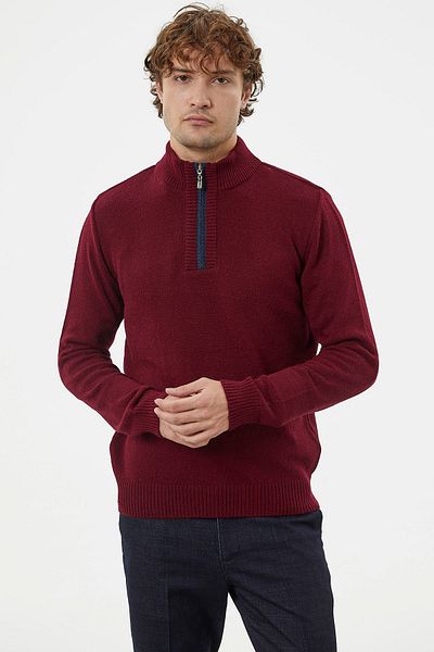 Sementa Stand Collar Zippered Knitwear Sweater - Claret Red