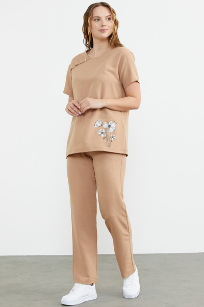 Sementa Print Detailed Double Crepe Set - Camel