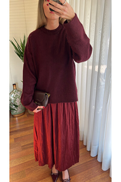 Flow Saten Krinkıl Bordo Etek