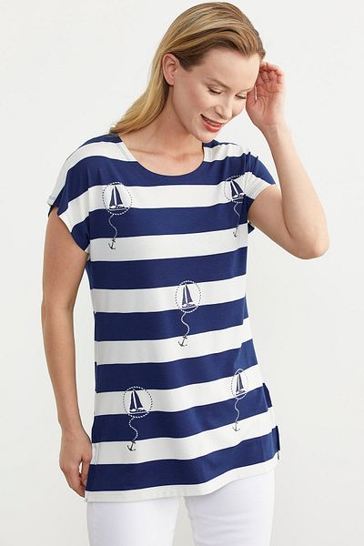 Sementa Tricou din bumbac pieptănat cu dungi groase, brodat albastru închis