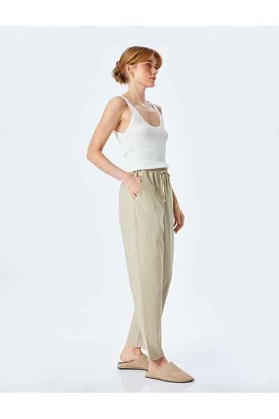 Koton Beige Women's Trousers with Pockets and Lace-Up Waist 5Sak40277Pw