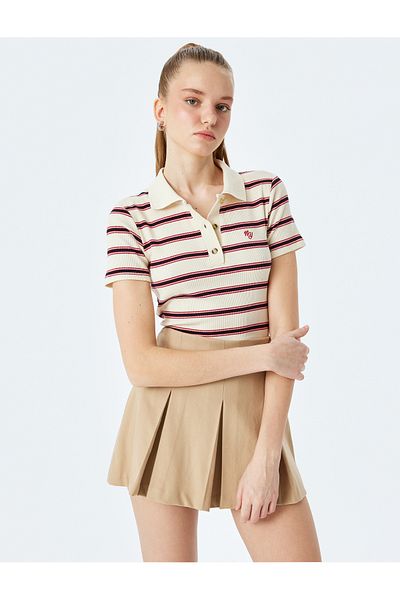 Koton Striped Short Sleeve Polo Neck Embroidery Detail T-Shirt