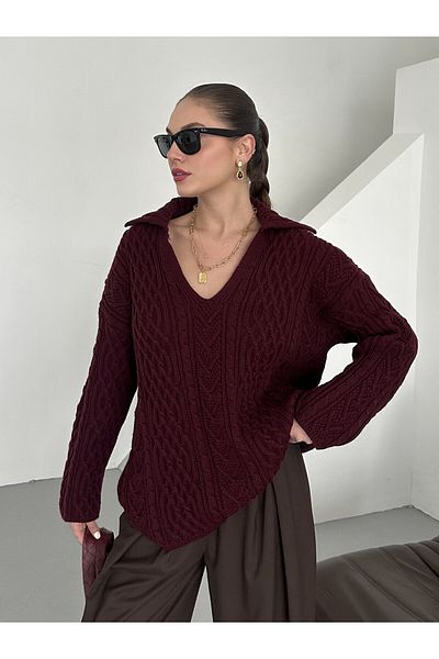 Laluvia Burgunderfarbener Pullover mit geflochtenen Haaren - 241265