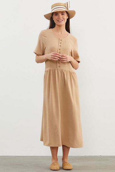Sementa Rochie din crep cu talie adunata marime - bej