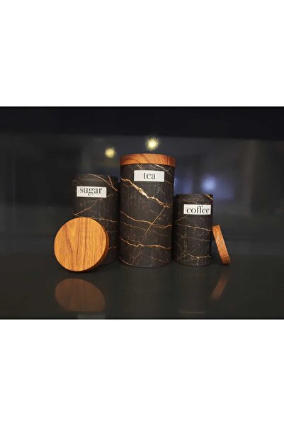 teknoistanbul 3'Lü Set Metal Çay Kahve Şeker Saklama Kabı Kavanoz Mermer Desenli