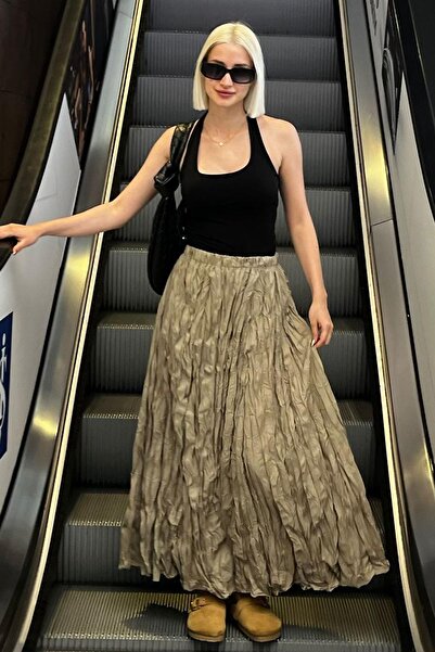 Madmext Bej Beli Lastikli Buruşuk Mikro Uzun Kadın Etek MG2155