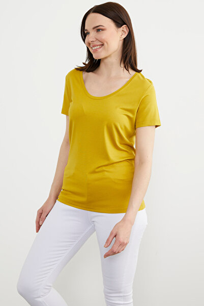 Sementa Open Collar Draped Combed Cotton T-Shirt - Mustard