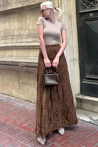 Madmext Brown Wrinkled Pattern Midi Length Women's Skirt Mg2266