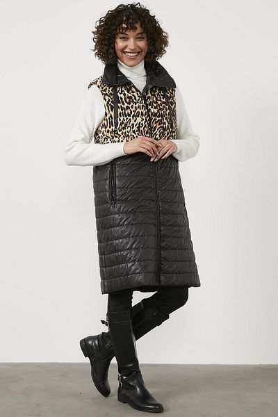 Sementa Quilted Leopard Patterned Long Vest - Black