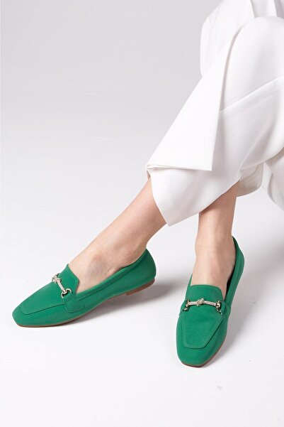 Mio Gusto Marisol Yeşil Renk Taşlı Tokalı Kadın Günlük Düz Loafer Ayakkabı