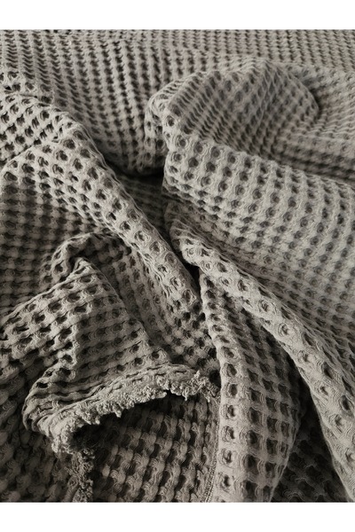 Mia Waffle Pattern 100% Cotton 4 Sides Fringed Grey Color Bedspread / Pique