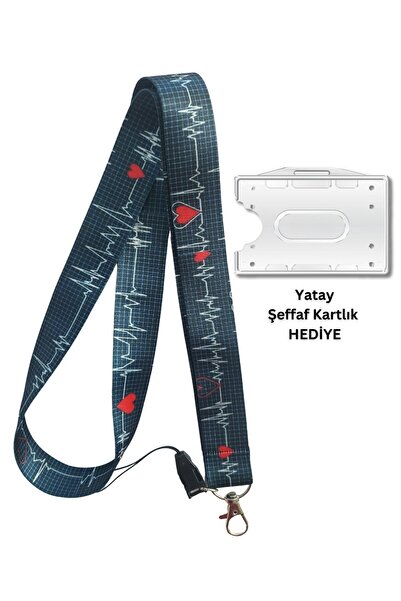 doktorbonem Lacivert EKG Kalp Ritmi Kart Askısı Yaka Kartı Boyun Askı İpi Tel...