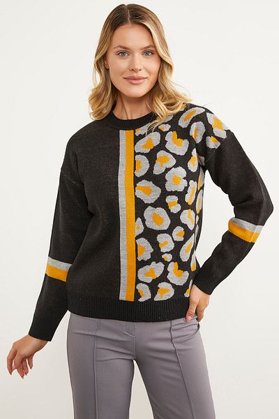 Sementa Pulover colorat din tricotaj combinat leopard - negru