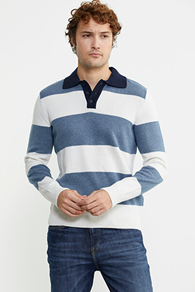 Sementa Μπλε ριγέ πόλο γιακά μάλλινο πλεκτό πουλόβερ