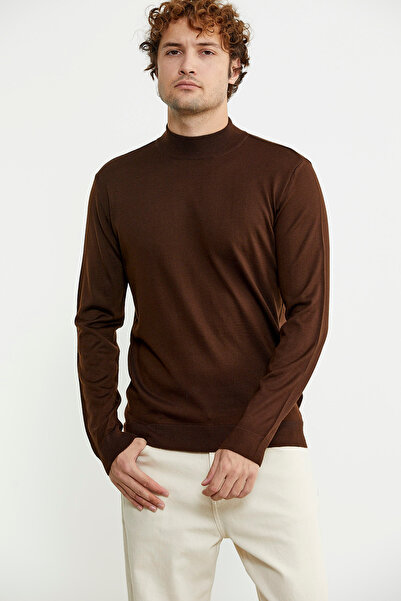 Sam Мъжки плетен пуловер - полуполо, кафяв