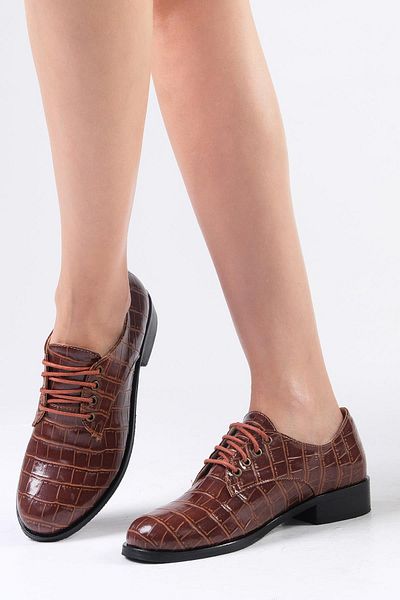 Mio Gusto Berta Tan Color Crocodile Patterned Women's Oxford Flat Shoes