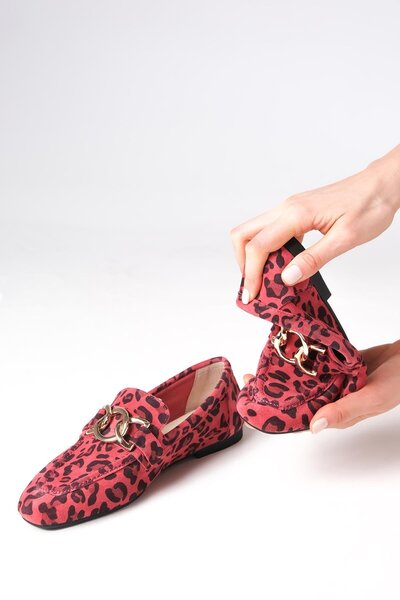 Mio Gusto Myrcella Hakiki Süet Turuncu Renk Leopar Desenli Zincir Aksesuarlı Küt Burunlu Kadın Loaf