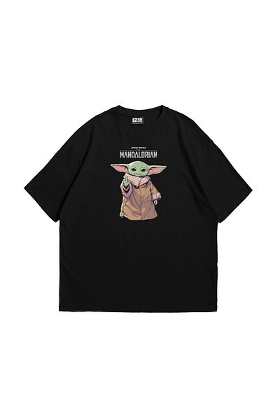 Sekizbiraltı Mandalorian Yoda Patterned - 24/1 Oversize Unisex Μαύρο T-Shirt