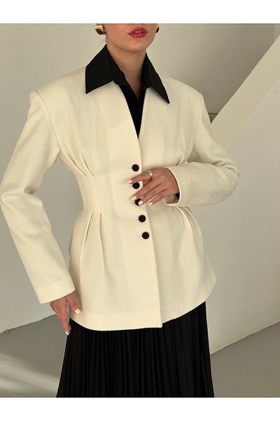 Laluvia Bunda Ecru Black Buttoned Design Stamp Jacket