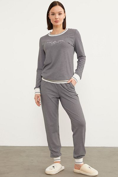 Sementa Striped Crew Neck Pajama Set - Black