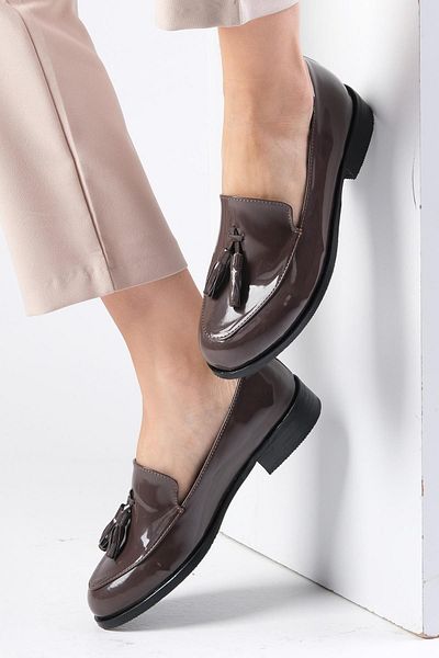 Mio Gusto Iris Brown OxforD Patent Leather - Women's Casual Flat Shoes