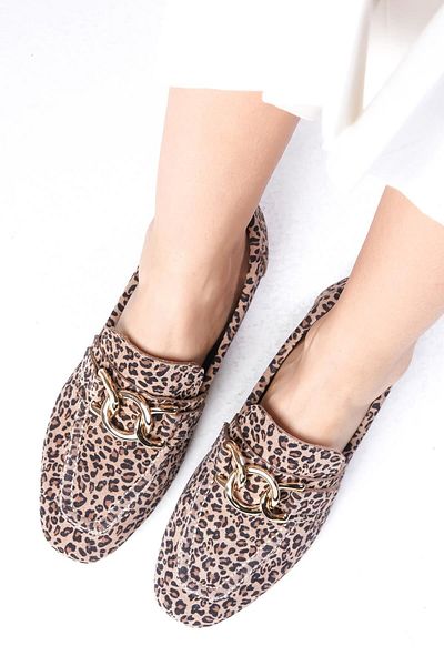 Mio Gusto Myrcella Genuine Suede Beige Color Leopard Print Chain Accessory Blunt Toe Women's Loafer a