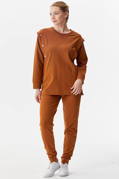 Sementa Cinnamon Colored Snap Detailed Crew Neck Tracksuit Set