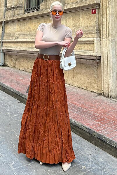 Madmext Kiremit Beli Lastikli Buruşuk Mikro Uzun Kadın Etek MG2155