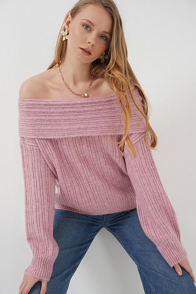 Bigdart 15908 Γυναικείο Πλεκτό Πουλόβερ Off Shoulder Oversize - Πούδρα