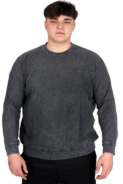 ModeXL Ανδρικό γκρι φούτερ - Crew Neck, Plus Size, Acid Wash Interlock U24175