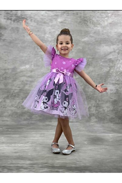 HMZ GOLD Kuromi Baskılı Kolu Tüllü Fiyonk Ve Kemerli Elbise