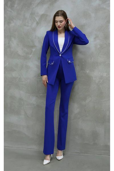 ZF BUTİK Saks Blue Classic Jacket and Trousers Set - Silver Detailed