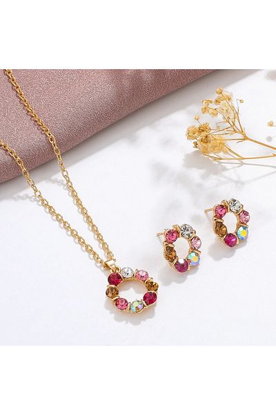 Takıtolia Lovelle - Pink White Zircon Stone Stylish Round Design Gold Encrusted Valentine Gift Necklace Earring Set