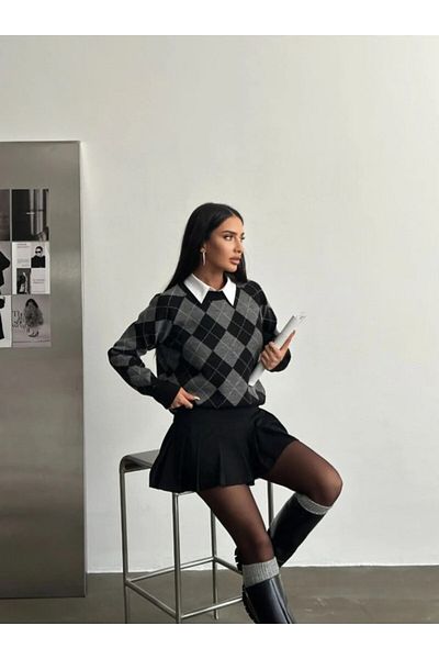 Dier Moda Pulover de damă din tricotaj cu model pătrat