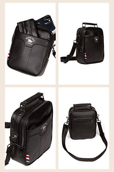 Newish Erkek Siyah Vegan Deri Ayarlanabilir Çapraz Askılı El Ve Omuz Çantası Günlük