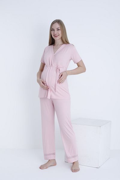 Miss Dünya Lissa V-Neck Front Tie Lace Detail Short Sleeve Knitted Maternity and Maternity Pajamas Set