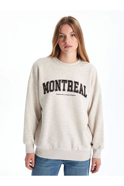 LC Waikiki Γυναικείο χοντρό φούτερ LCW Vision Beige Crew με στάμπα Oversize