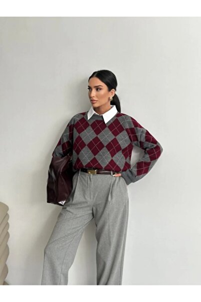 Dier Moda Kadın Kare Desenli  Triko Kazak