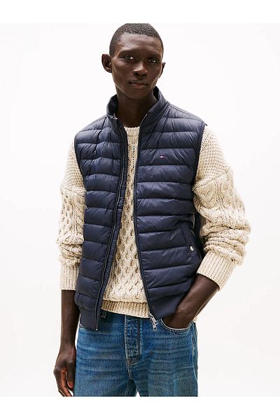 Tommy Hilfiger Men's Stand Collar Regular Fit Quilted Cotton Navy Blue Vest Mw0Mw38982-Dw5
