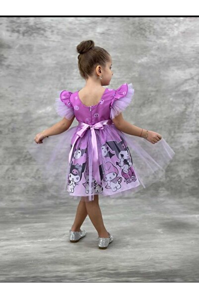 HMZ GOLD Kuromi Baskılı Kolu Tüllü Fiyonk Ve Kemerli Elbise