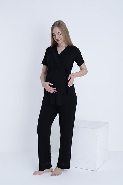 Miss Dünya Lissa V-Neck Front Tie Lace Detail Short Sleeve Knitted Maternity and Maternity Pajamas Set